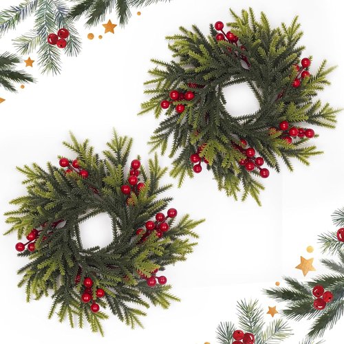 Christmas Candle Rings by [Brand Name] - 11.6 Inch Artificial Pine & Red Berries | Perfect for Holiday Decor & Centerpieces