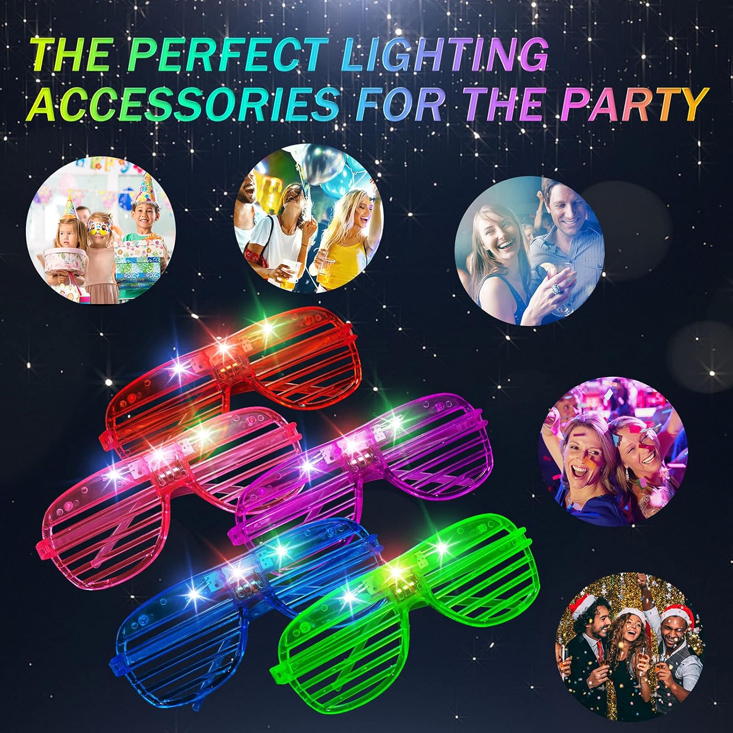 SHQDD LED Glasses - 64 Pack Light-Up Neon Sunglasses in 5 Colors | Glow in the Dark Party Accessories for All Ages