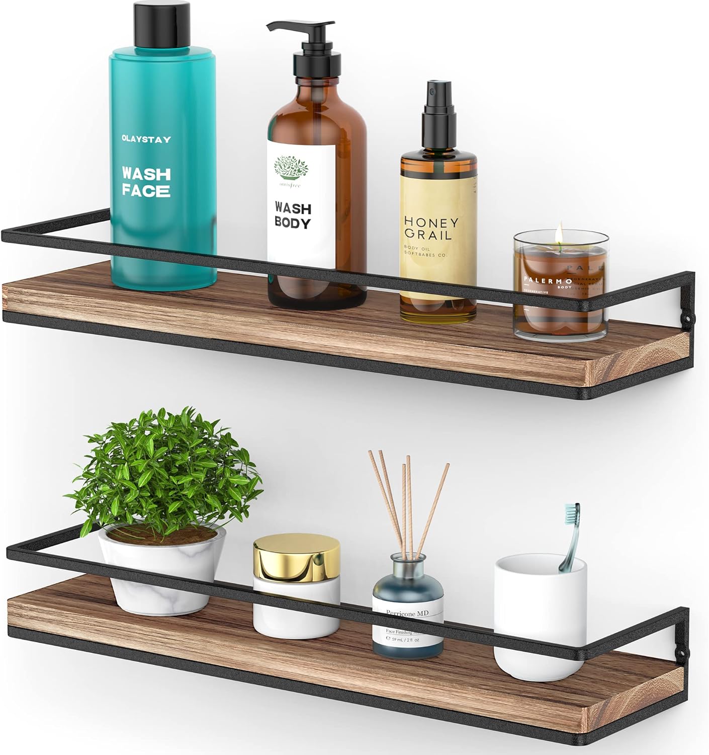 Meangood Floating Shelves - Rustic Wall-Mounted Storage Set of 2 for Bedroom, Living Room & Kitchen