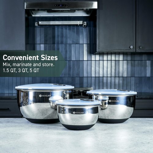 HexClad Stainless Steel Mixing Bowl Set, 3-Piece with Vacuum Seal Lids and Non-Slip Base, 1.3,3 and 5 Quarts