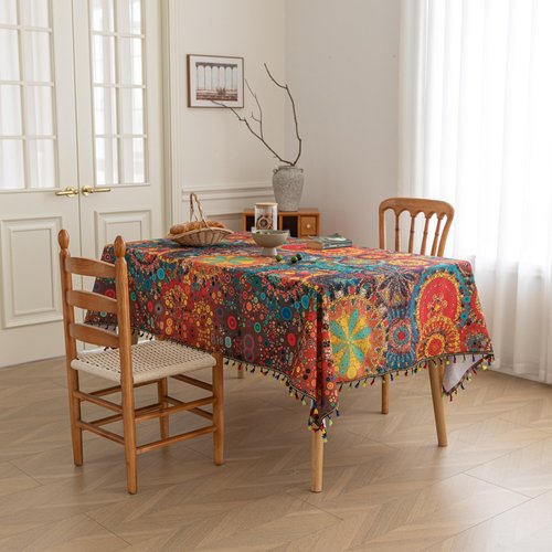 Erbnaryx Boho Tablecloth for Square Tables,Fringed Edges with Geometric Pattern Tablecloths,Farmhouse Floral Table Cover Cloth Decorative for Kitchen Dining Room,59"x 102"