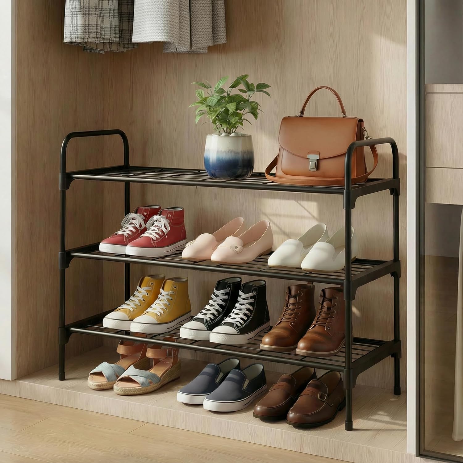 3-Tler Shoe Rack Organizer - Rustproof Iron Shoe Storage Shelf for Closet & Entryway | Fits Sneakers & Slippers, Black