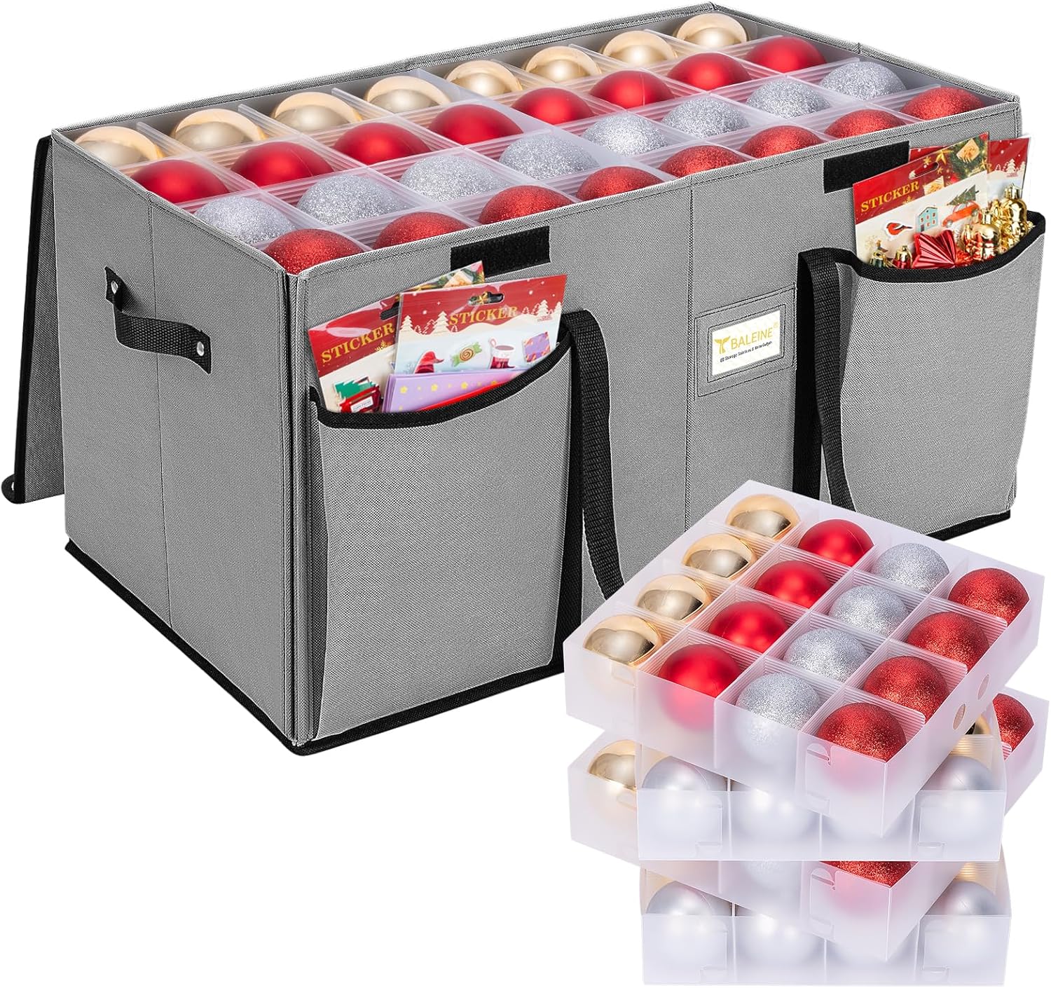 BALEINE Christmas Ornament Storage Box - Premium Container for 128 Holiday Ornaments | Grey
