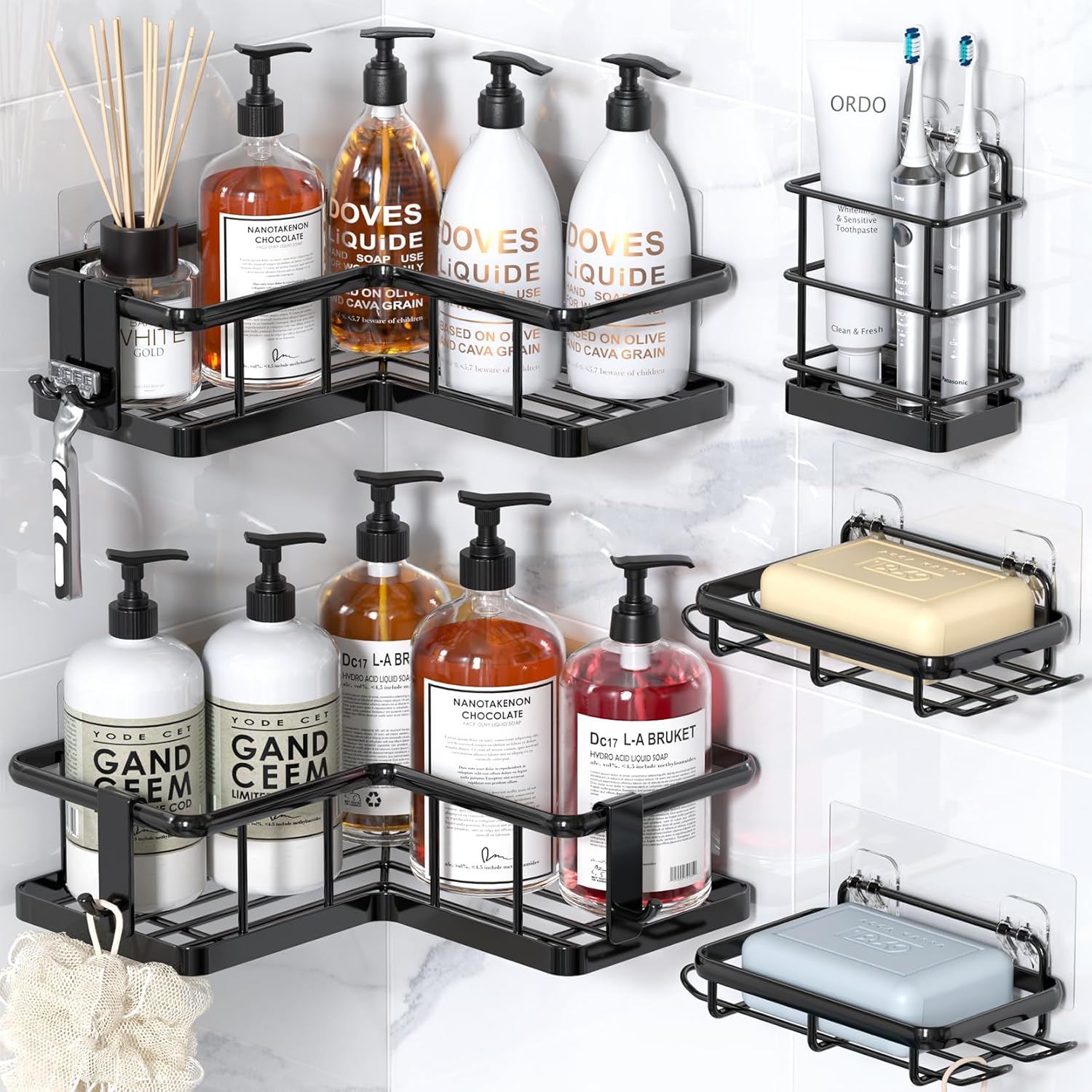 YASONIC Corner Shower Caddy - 5-Pack Adhesive Rustproof Stainless Steel Organizer | No-Drill Shelf, Black