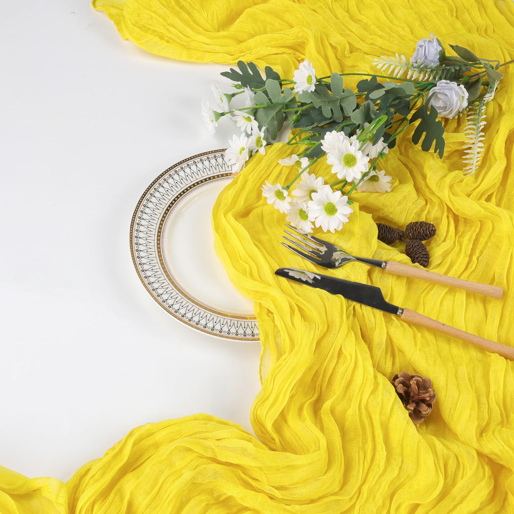 6 Pack Lemon Yellow Table Runner 10ft Boho Gauze Fabric Cheesecloth Table Runner 35 x 120 Inch Rustic Sheer Runner for Holiday Baby Shower Home Décor Party Wedding Decoration