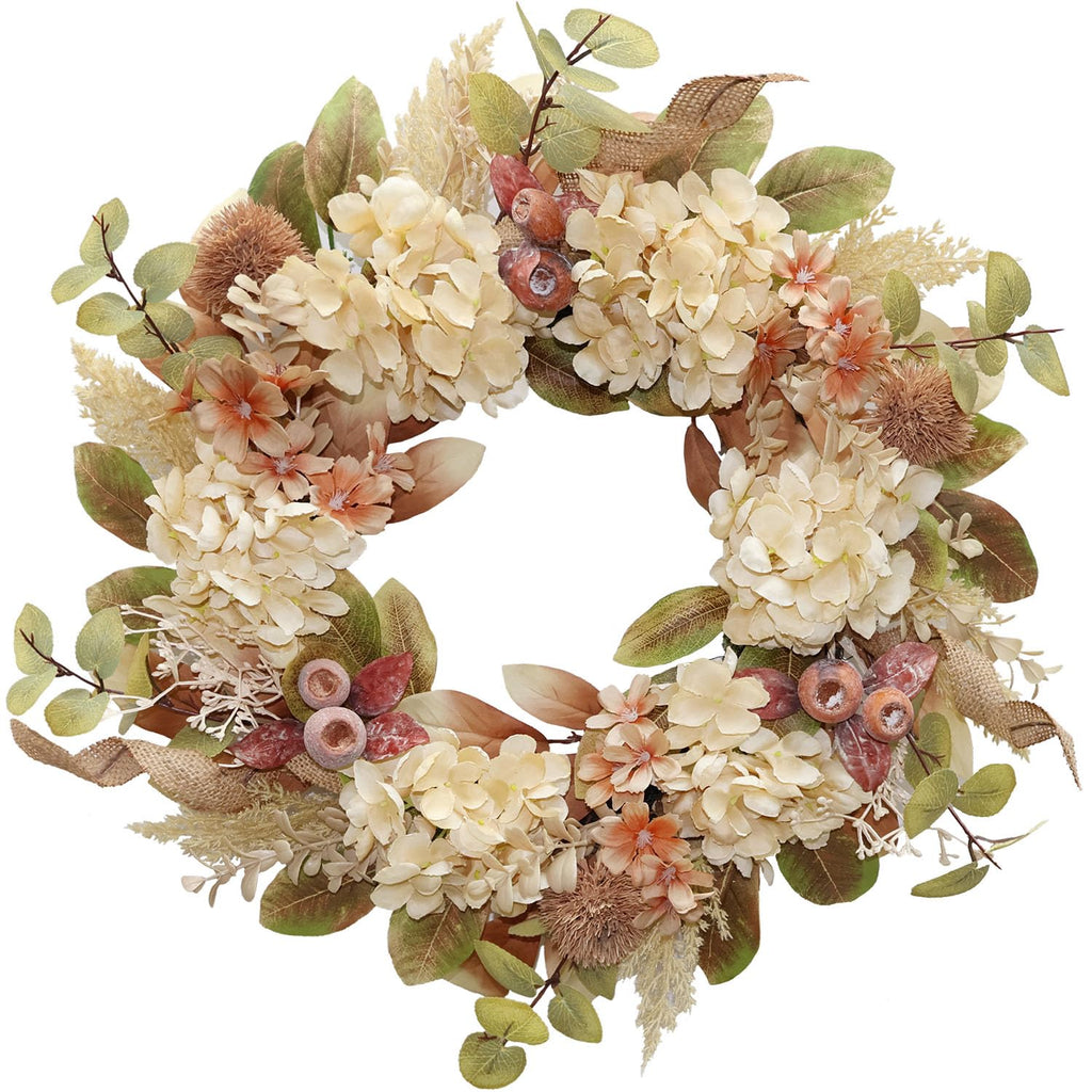 BINFEN 18 Inch Lush Fall Wreath for Front Door, Boho Brown Outdoor Wreath with Faux Dried Hydrangea Pampas Burlap & Flowers, Farmhouse Fall Winter Thanksgiving Harvest Décor