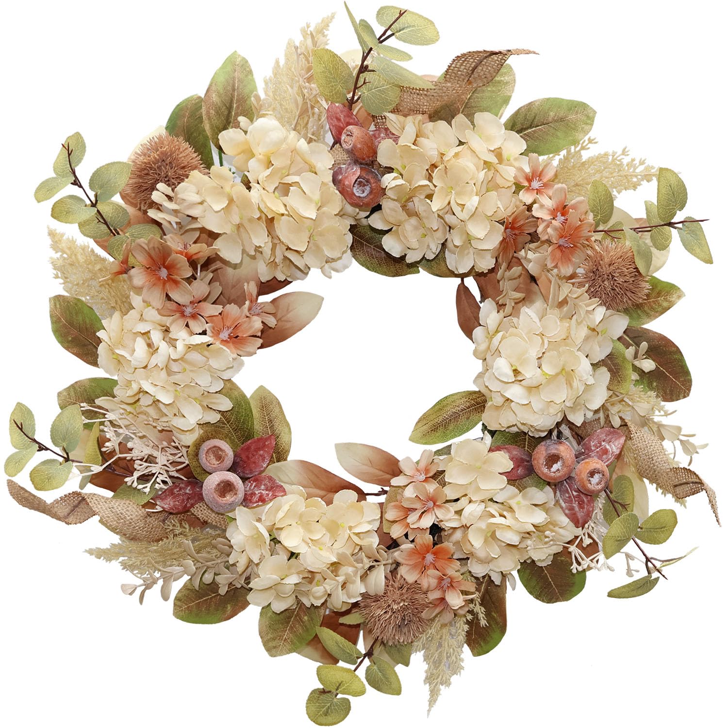 BINFEN 18 Inch Lush Fall Wreath for Front Door, Boho Brown Outdoor Wreath with Faux Dried Hydrangea Pampas Burlap & Flowers, Farmhouse Fall Winter Thanksgiving Harvest Décor