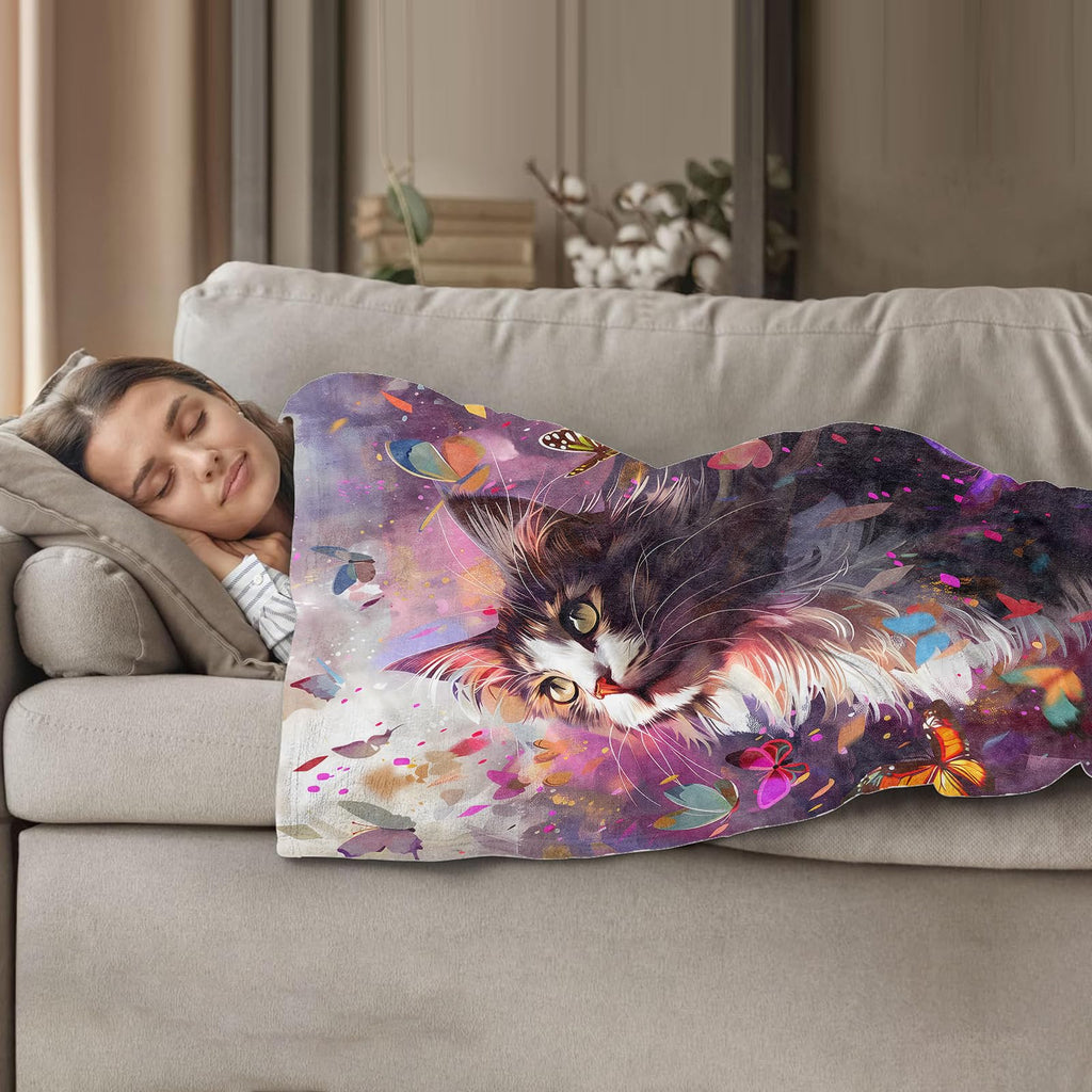Plistiz Cat and Butterfly Throw Blanket, 50x60, Cute Cat Blankets for Bedroom Decor, Plush Flannel Polyester, Perfect for Kids and Adults