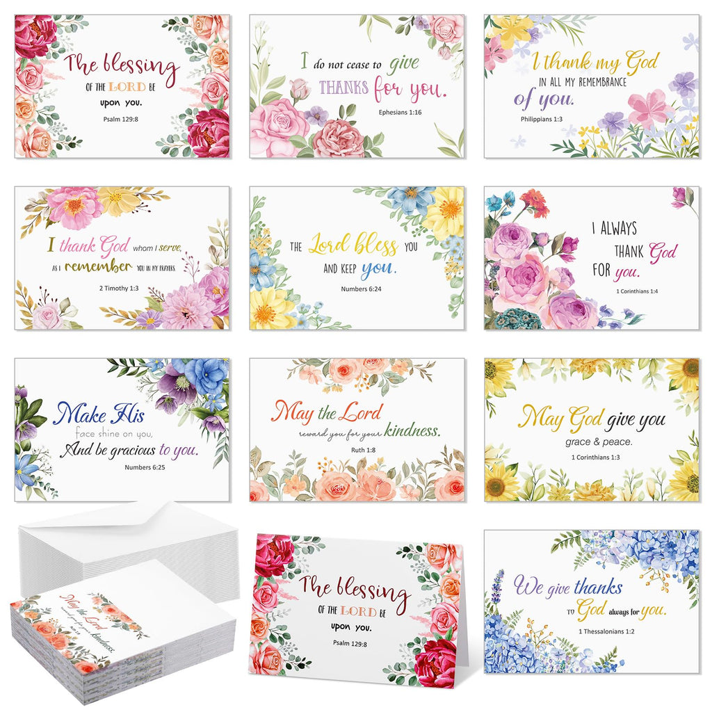 Affrolling 50 Pack Spring Religious Christian Thank You Cards Bulk with Scripture Envelopes Stickers Bible Verse Greeting Cards Encouragement Inspirational Baptism Notes 4x6 Inch, Watercolor Flower