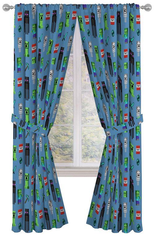 Jay Franco Kids Window Drapes - 4 Piece Curtain Set Includes 2 Tiebacks, Beautiful Bedding Room Décor and Easy Set Up, Blue - Minecraft, 84 Inch
