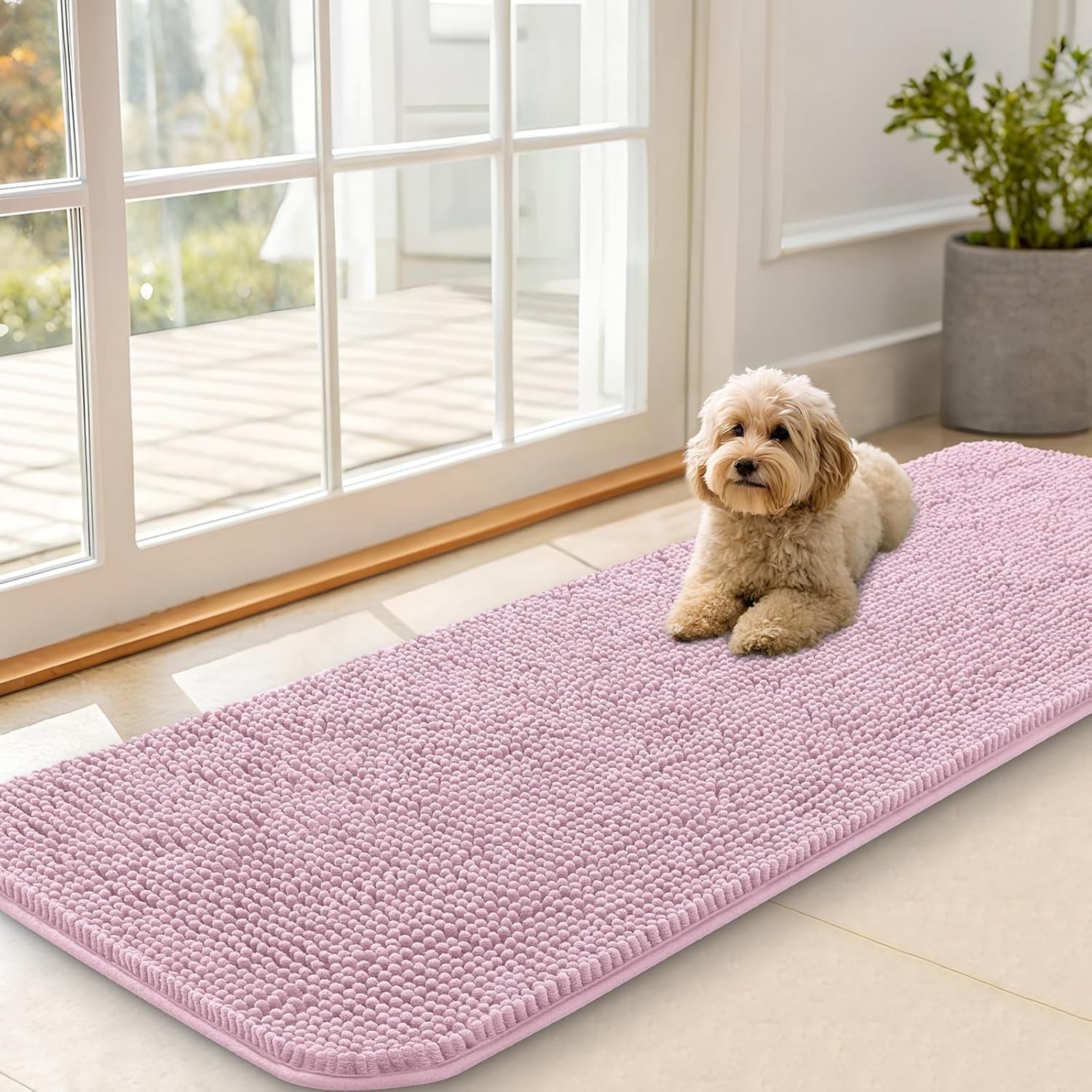 OLANLY Dog Door Mat - Absorbent Non-Slip Washable Doormat for Muddy Paws | 47x20, Dusty Rose
