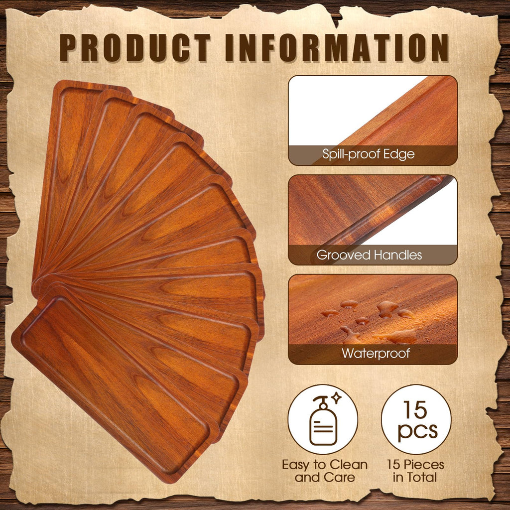 Skylety 15 Pack Solid Wood Serving Tray Large Acacia Party Server Platter Rectangular Charcuterie Board with Grooved Handle for Home Kitchen Cheese Appetizer Farmhouse Table Supplies (10.8 x 4 Inch)