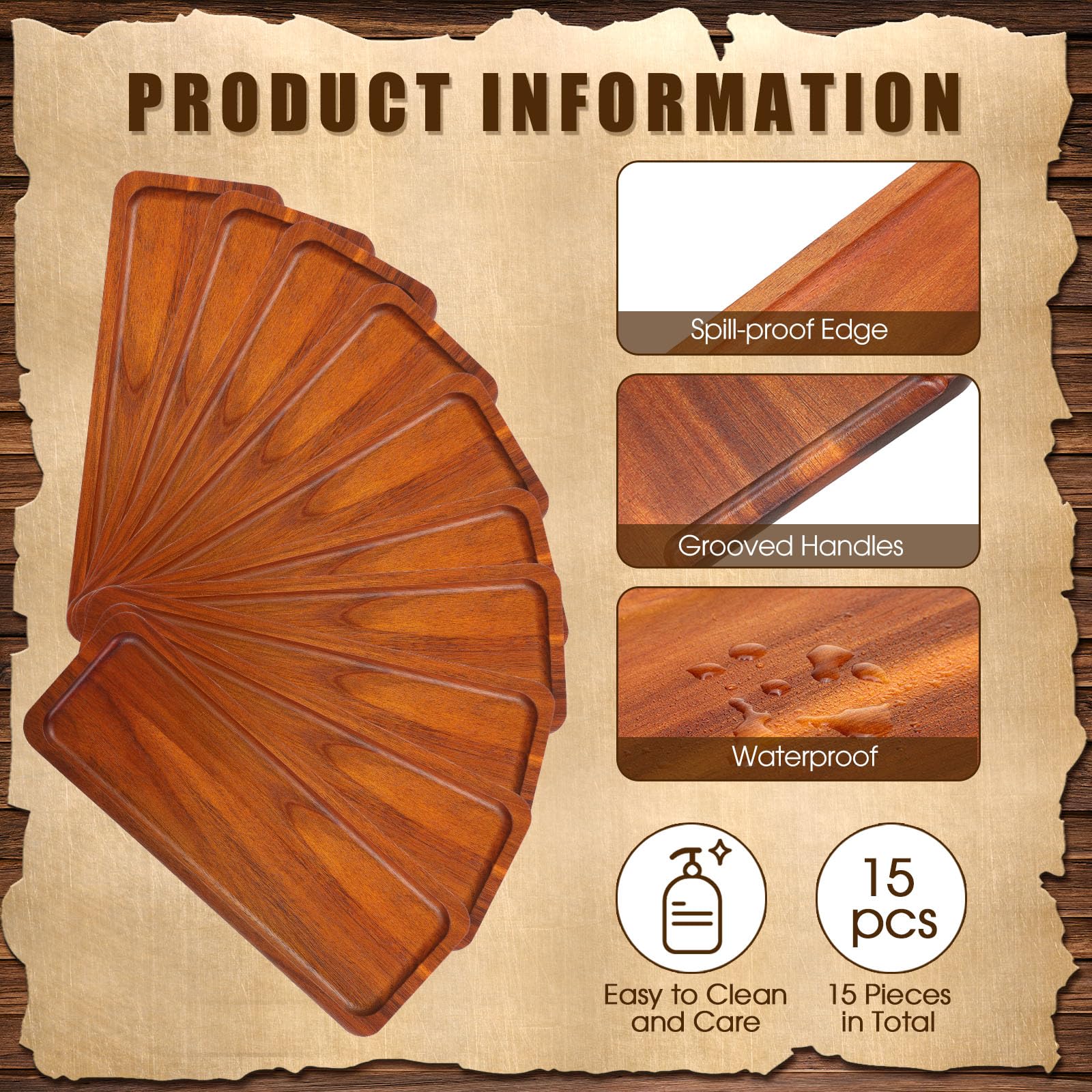 Skylety 15 Pack Solid Wood Serving Tray Large Acacia Party Server Platter Rectangular Charcuterie Board with Grooved Handle for Home Kitchen Cheese Appetizer Farmhouse Table Supplies (10.8 x 4 Inch)