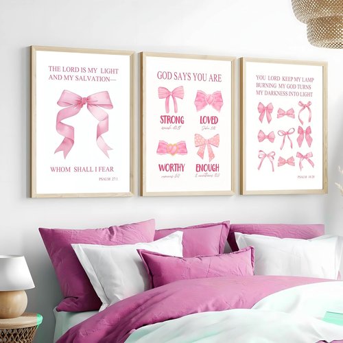 **JBZDD Christian Pink Bow Wall Art - Set of 3 Unframed Inspirational Bible Verse Prints | 12x16in for Girls' Room**