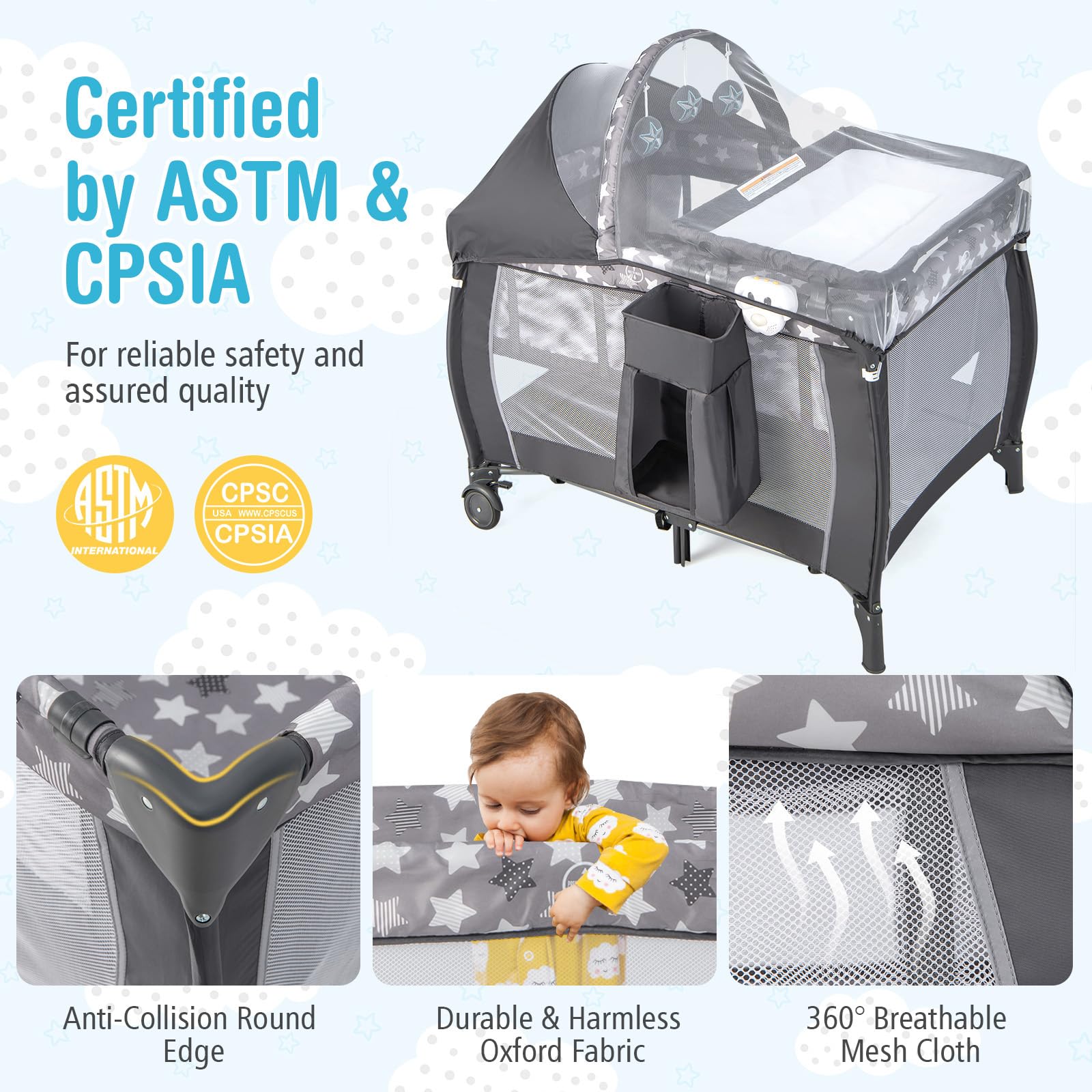 BABY JOY 4 in 1 Pack and Play, Portable Baby Playard with Bassinet, Adjustable Canopy, Changing Table, Lockable Wheels, Glowing Music Box, Travel Baby Crib Bassinet Bed from Newborn to Toddler