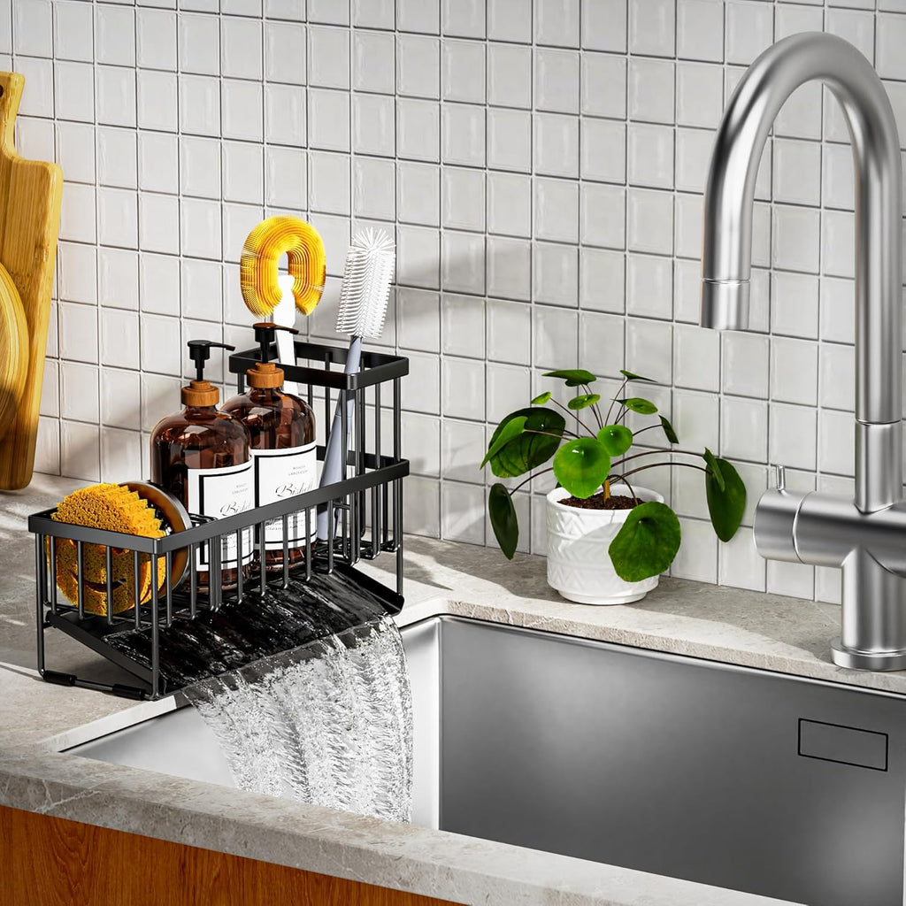 Cisily Extra Large Kitchen Sink Caddy Organizer - Rustproof 304 Stainless Steel with Brush & Sponge Holder