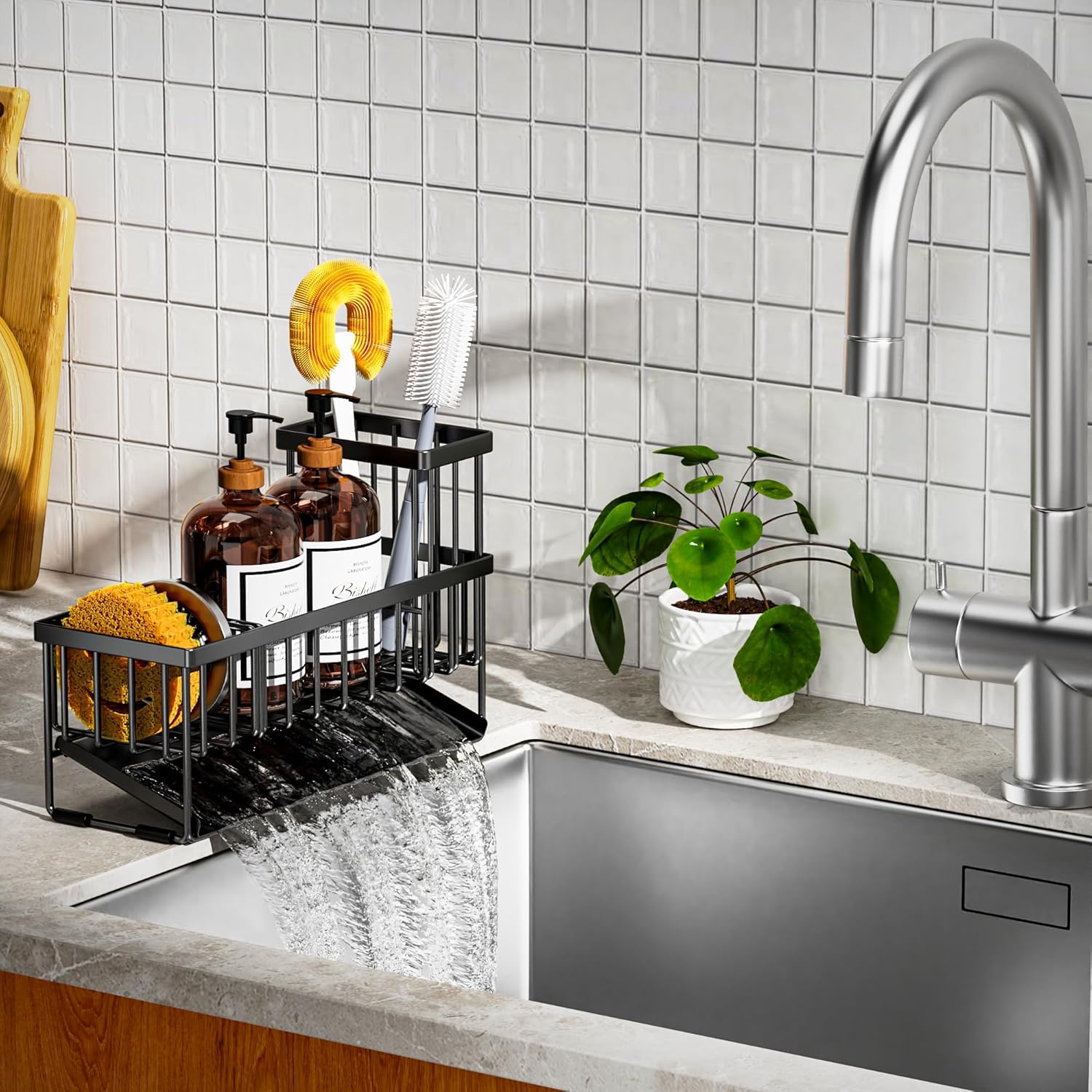 Cisily Extra Large Kitchen Sink Caddy Organizer - Rustproof 304 Stainless Steel with Brush & Sponge Holder