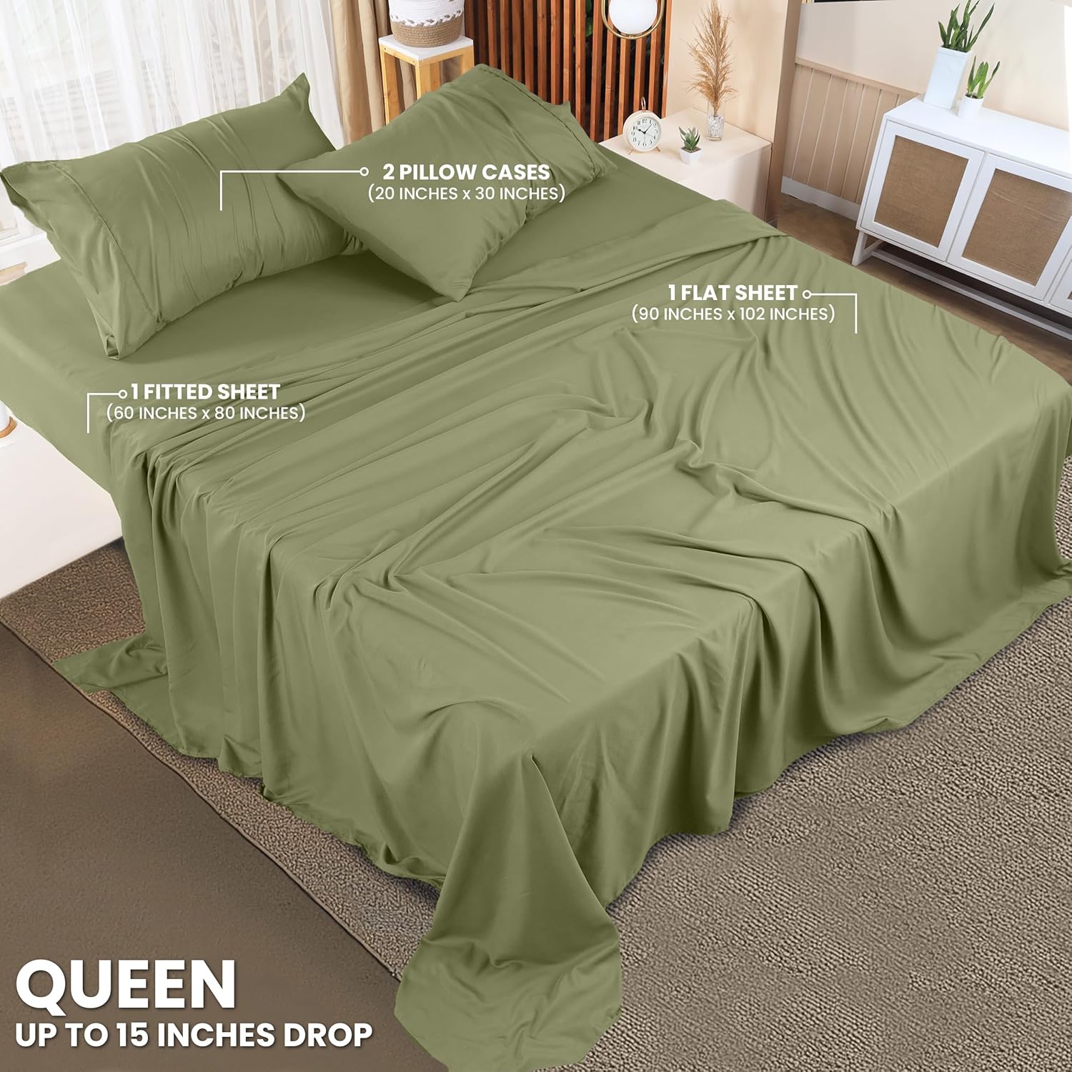 Utopia Bedding Queen Size Sheet Set - Soft Microfiber Bed Sheets, 4-Piece - Oeko-Tex Certified (Olive)
