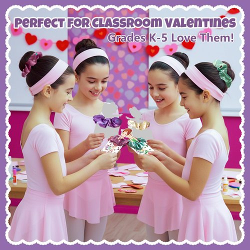 Valentines Day Cards for Kids School - 24 Pack Dance Valentines Cards with Hair Scrunchies, Ballet Valentine for Class Party Favors, Girls Valentine Gifts for Daycare Preschool Classroom Exchange