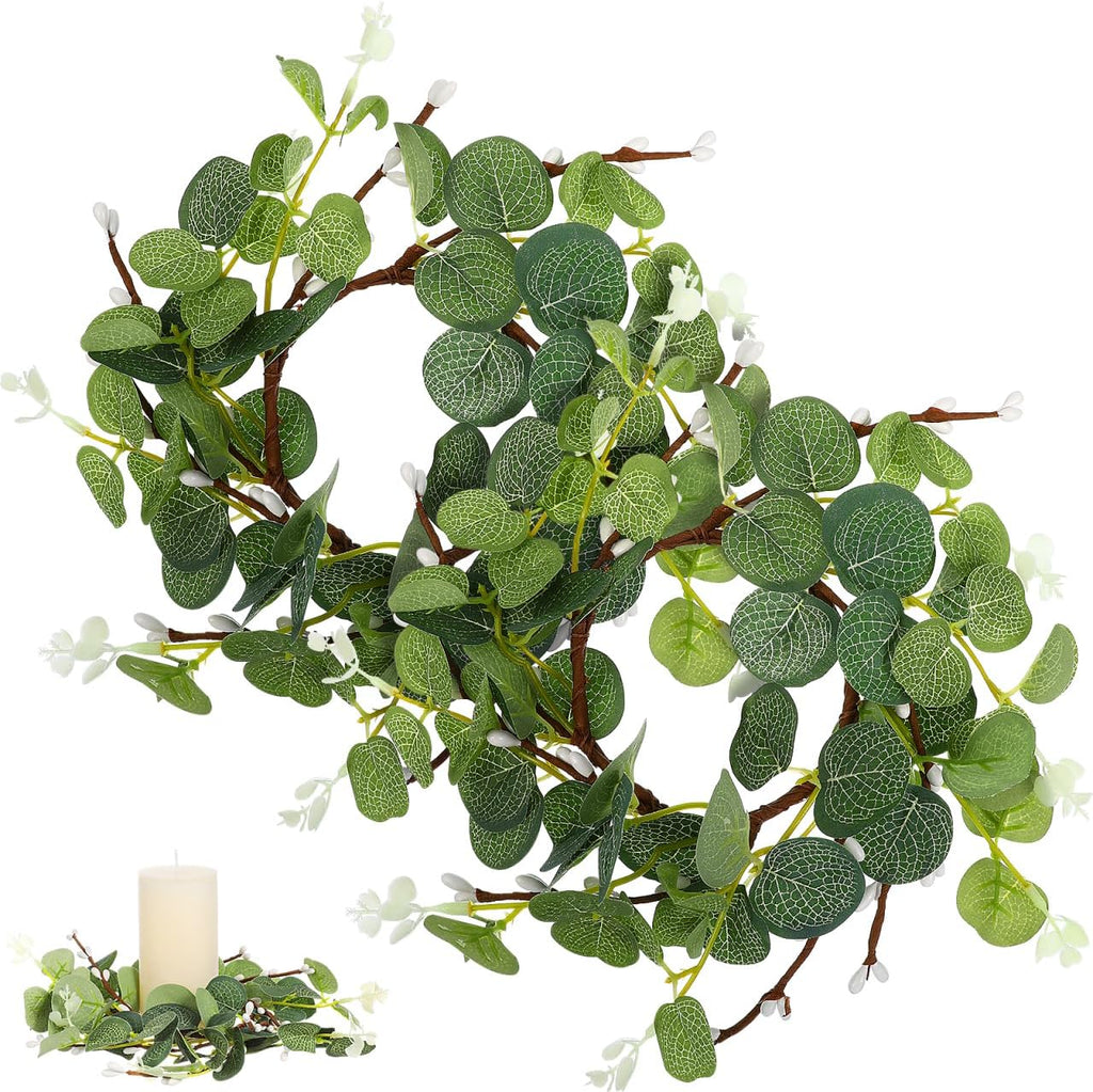 Zerodeko Easter Candle Ring Set - Eucalyptus Leaves Wreath Pillar Holders | Mini Green Decor, 8cm