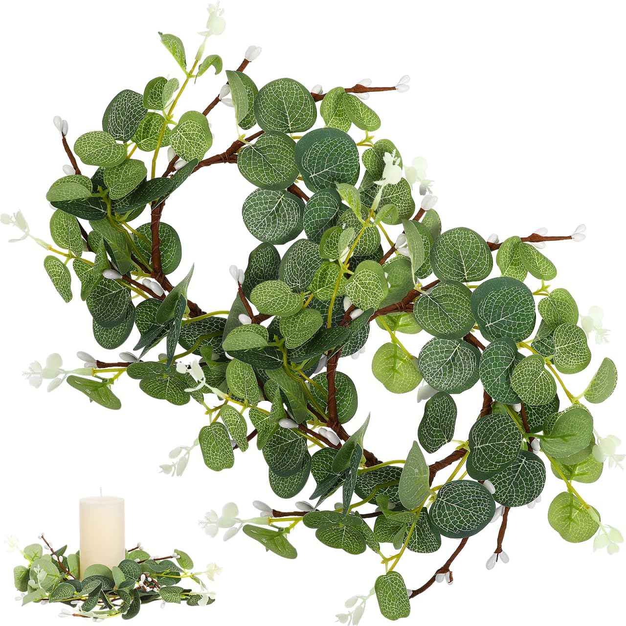 Zerodeko Easter Candle Ring Set - Eucalyptus Leaves Wreath Pillar Holders | Mini Green Decor, 8cm
