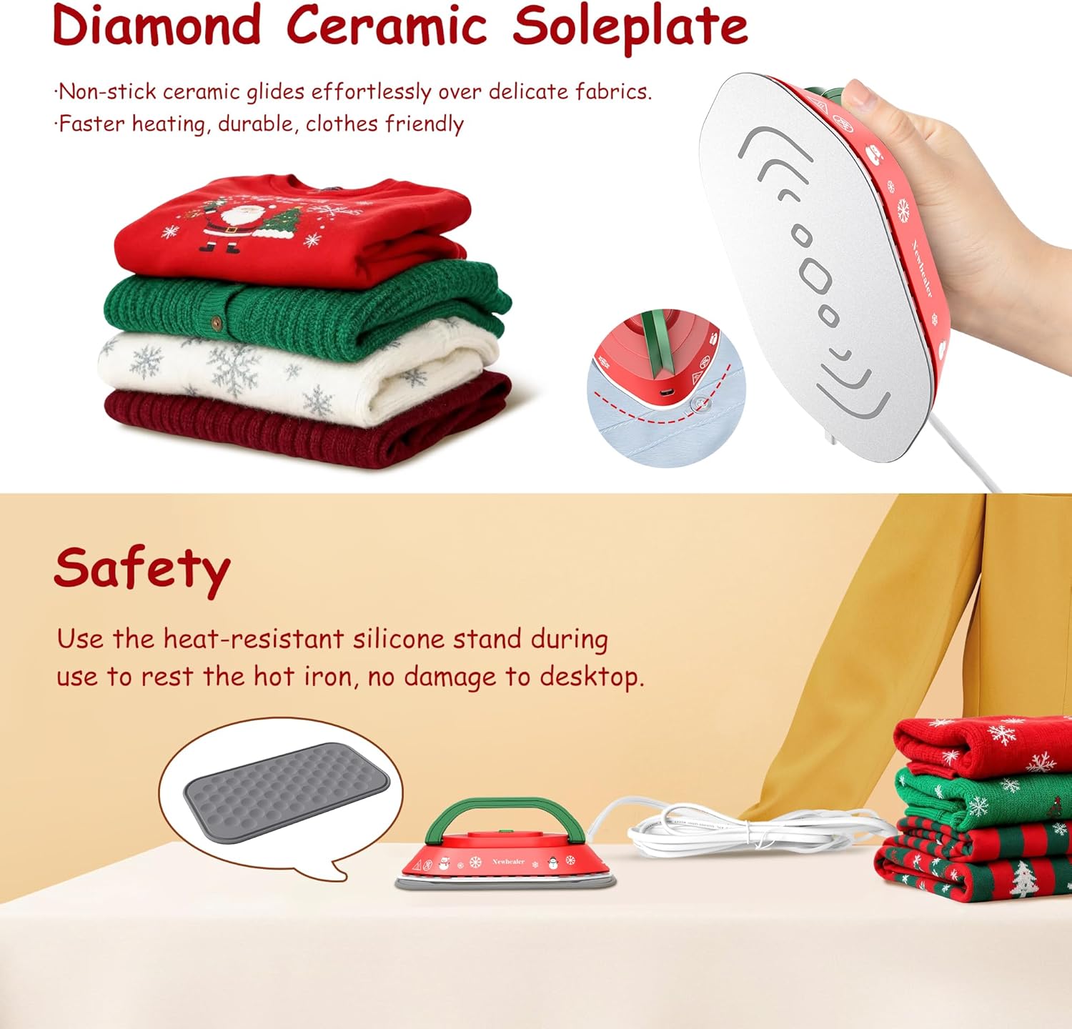 Newbealer Travel Iron - Mini Dry Iron for Clothes | Global Voltage 100-240V, 302℉, 300W, Lightweight Classic Red