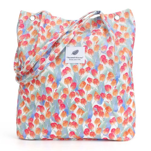 LHMTQVK Corduroy Tote Bags for Women, Large Capacity Corduroy Bag Reusable Grocery Shoulder Bag with Inner Pockets(Tulips)