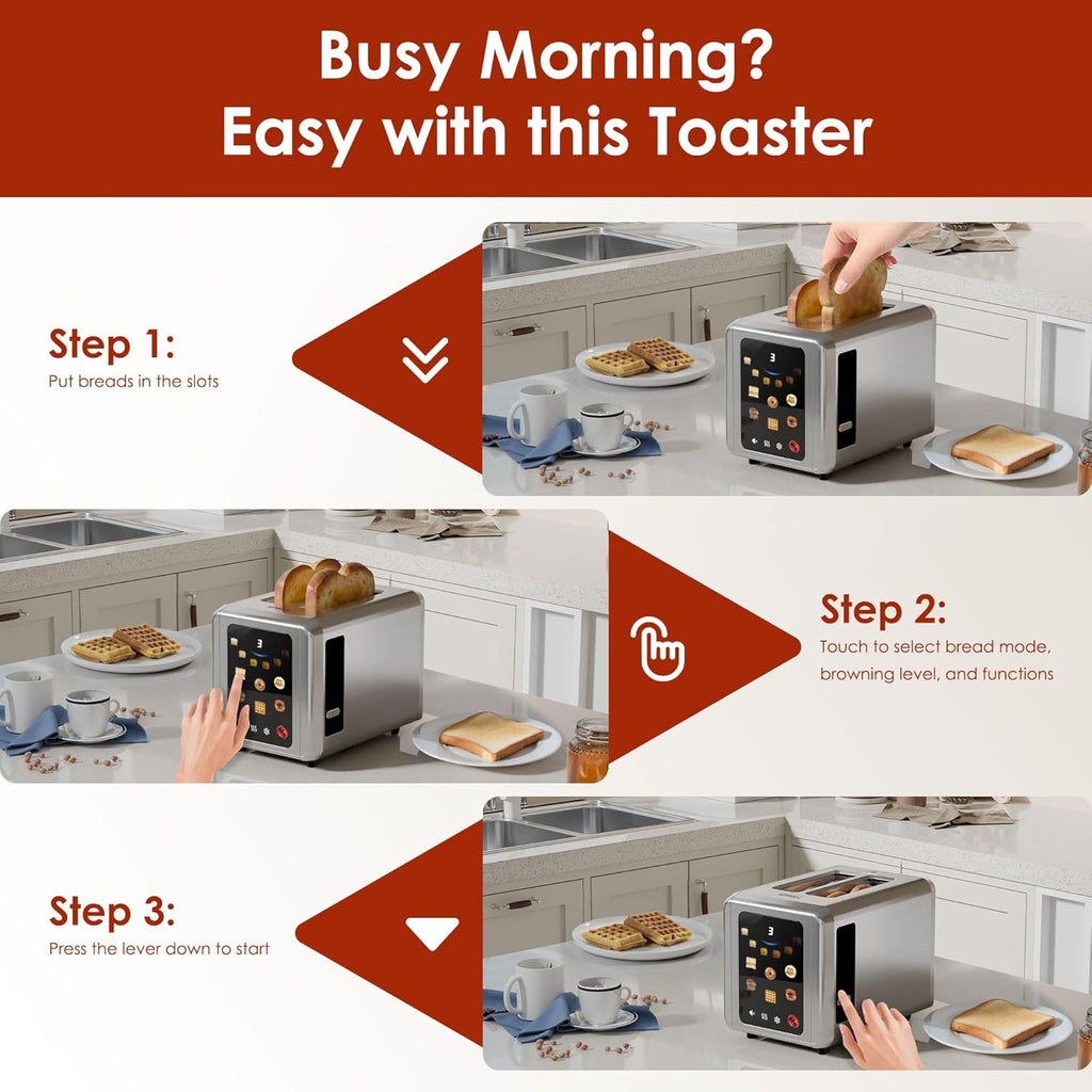 WHALL Touch Screen Toaster - 2 Slice Smart Toaster with Digital Timer & 6 Shade Settings | Stainless Steel, Silver