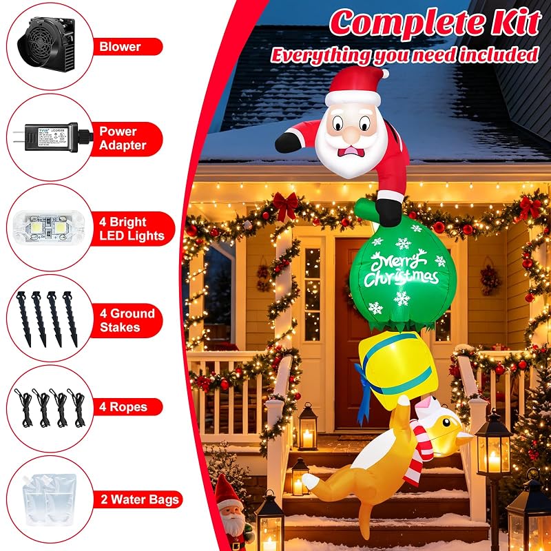 8 ft Hanging Santa Inflatable with Gift & Dog - Built-in LEDs, Outdoor Xmas Decor (Variation: 8ft-hanging Santa)