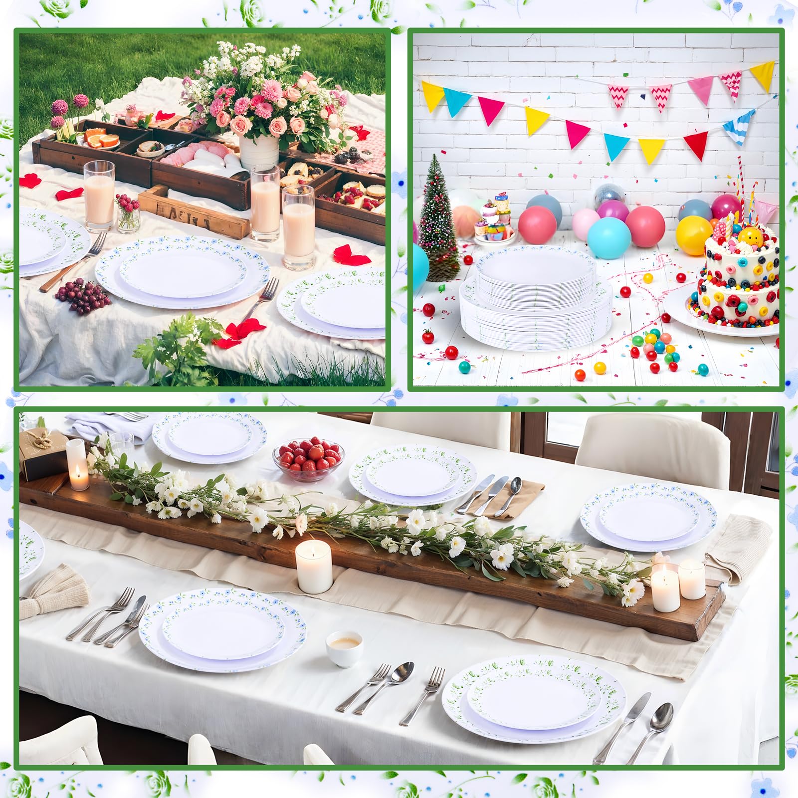 YOUBET 60PCS Floral Plastic Plates - Disposable Decorative Plates Set for 30 Guests - Blue and Green Floral Plate - Spring Plastic Dishes Dinnerware Sets for Tea Party & Wedding & Bridal Shower