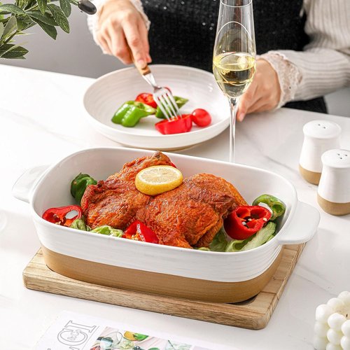 Hasense Ceramic Baking Dish - Non-Stick 11.8x8.7 Lasagna Pan with Handle | 3.4 Qt Casserole Bakeware, White