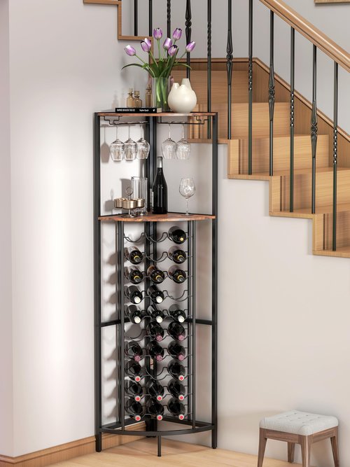 Qriocioa Corner Wine Rack with Led Strip Light Freestanding Floor with Wine Glass Holder 30 Bottle Wine Holder Rack Industrial Corner Liquor Cabinet Bar for Home Bar Kitchen Living Room (Rustic Brown)