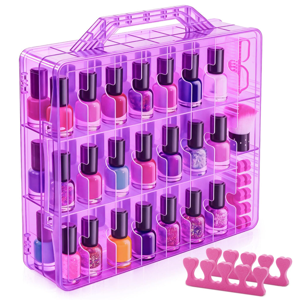 DreamGenius Nail Polish Organizer Case for 48 Bottles with 2 Nail Separators, Double Side Gel Nail Polish Holder with Adjustable Dividers, Purple
