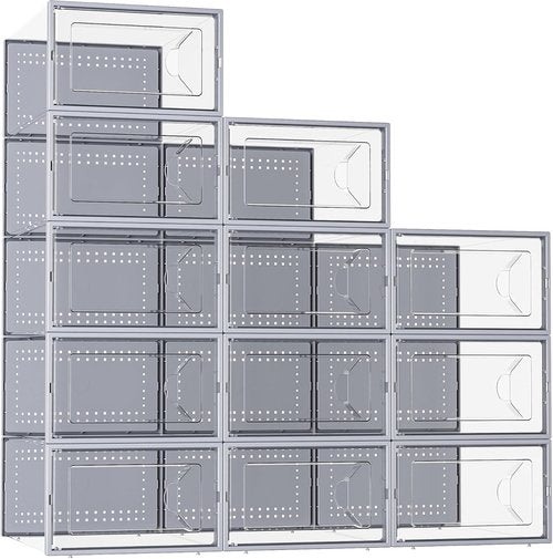 Kuject Shoe Storage Box - Large Stackable Organizer for Closet | Space-Saving Grey 12-Pack