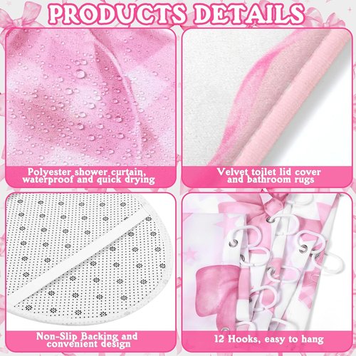 FuWeave 8-Piece Pink Bow Shower Curtain Set - Cute Coquette Bathroom Decor with Towels, Bath Mat & Hooks