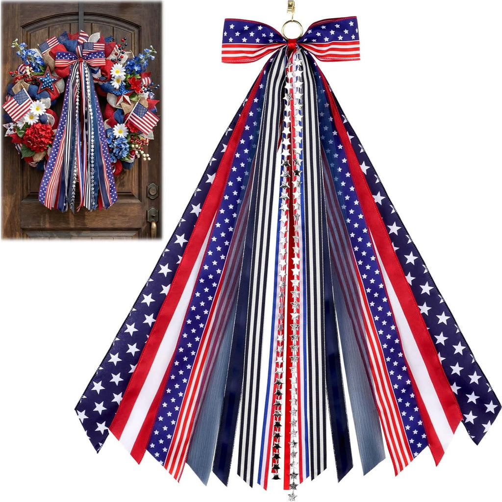 YKW Patriotic Wreath Sash - 27.5" Red, White & Blue Ribbon Bundle with Star Charm for 4th of July Decor