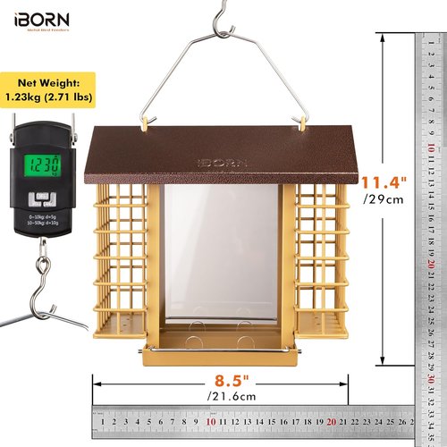 iBorn Bird Feeders - Weatherproof Suet Feeder with Double Holders | 3.2 LB Capacity, Coffee Roof & Yellow Grid