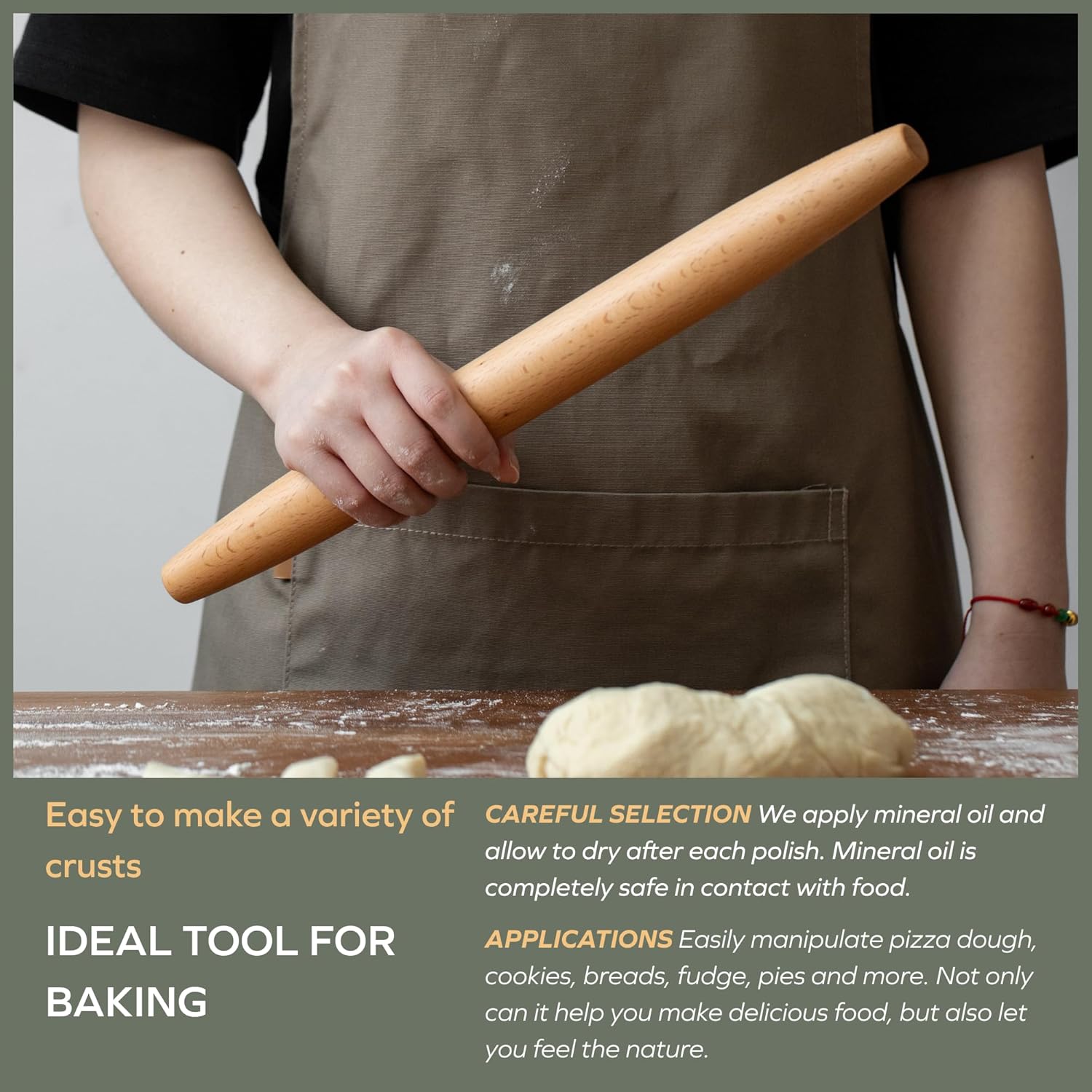 Muso Wood French Rolling Pin - Beech Wood Tapered Design for Baking | 15.75-Inch Length