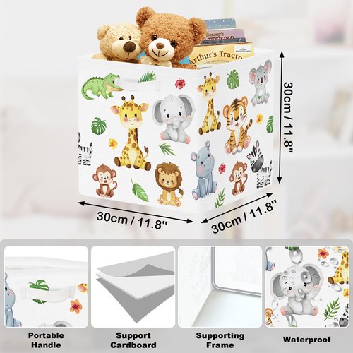HUUMONSS 11.8" Jungle Animals Cube Storage Organizer Set 3Pcs Lion Giraffe Elephant Cube Storage Bin for Bathroom/Bedroom Parent Book Chest, Tiger