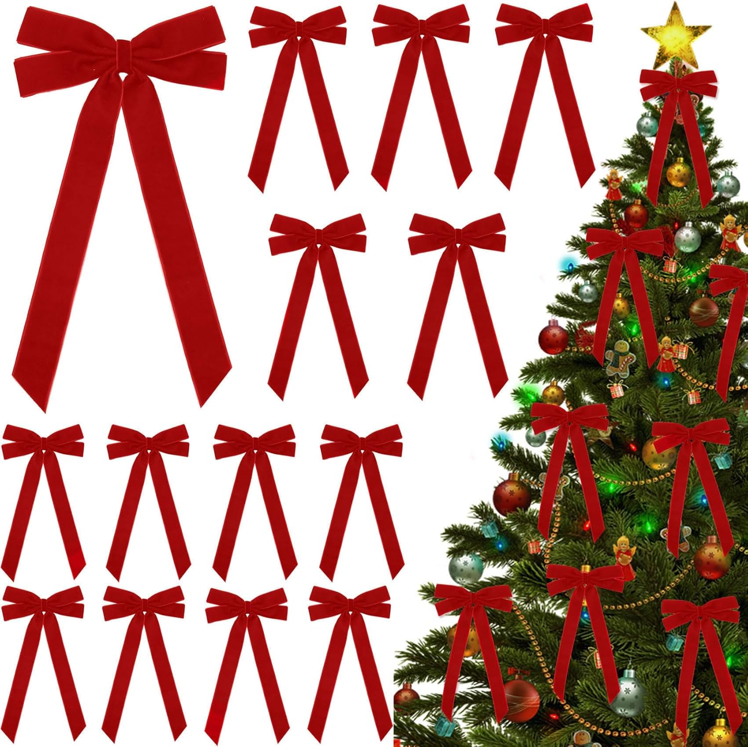 Regine Switzerland 16 Pcs Red Christmas Bows - Vintage Velvet Ribbon Ornaments for DIY Holiday Decor | 5 x 10 Inch, 1 Inch Width