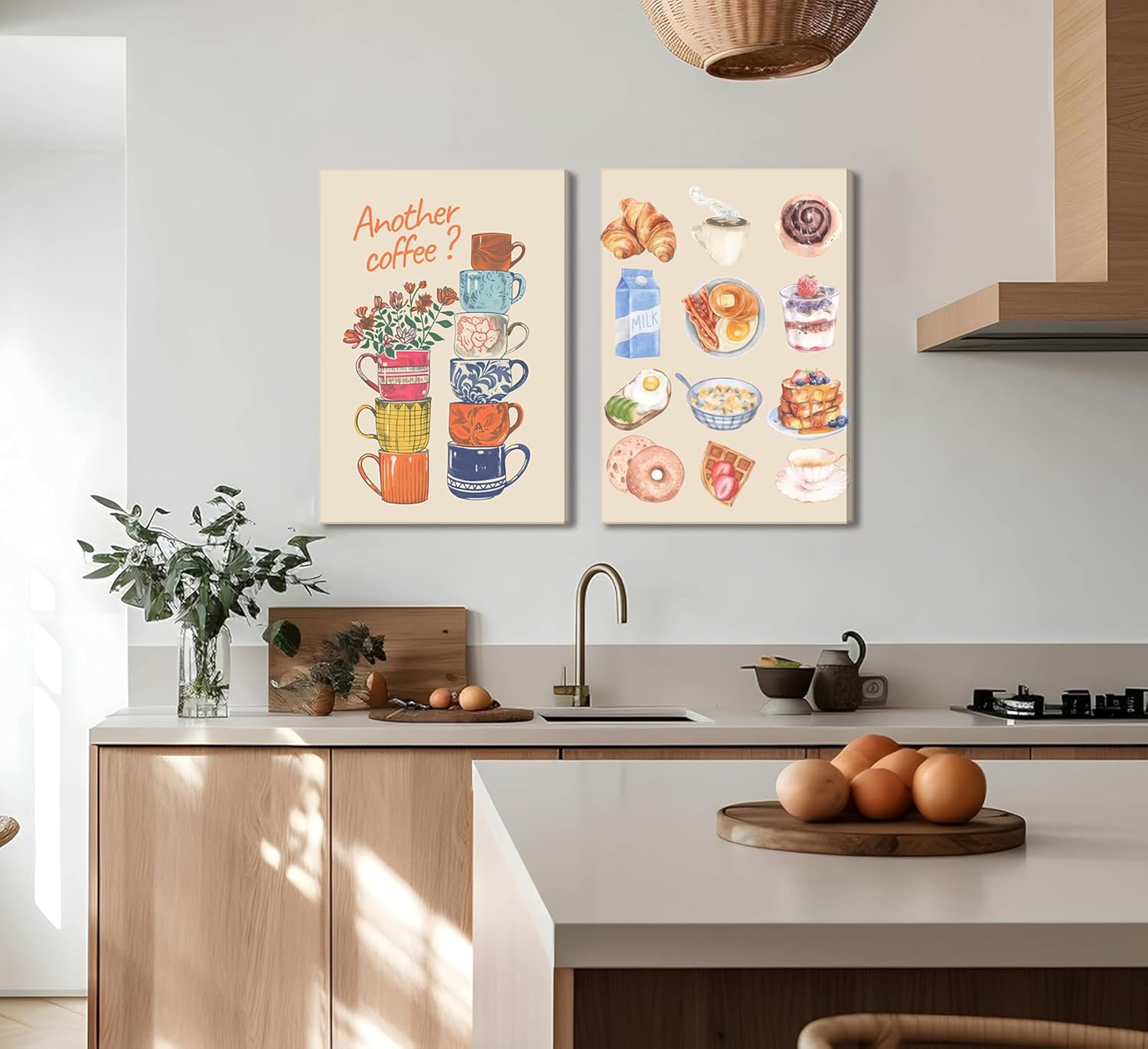 Skiennix Modern Coffee Canvas Wall Art - Colorful Croissant & Flower Poster Print for Dining Room Decor