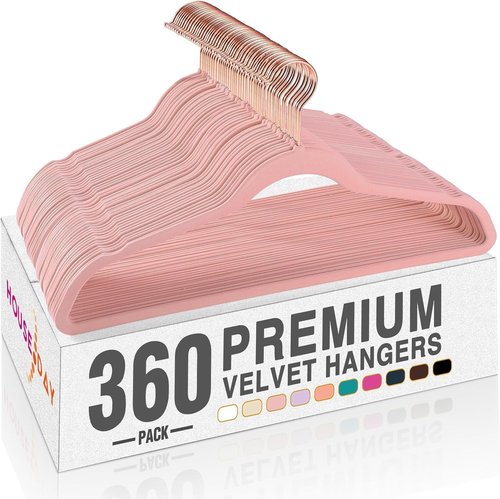 HOUSE DAY Pink Velvet Hangers - Premium Non-Slip Felt Clothes Hangers | Heavy Duty, Space-Saving Design, 360° Swivel Rose Gold Hook