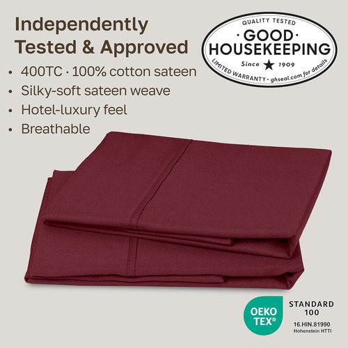 California Design Den Queen Size Pillowcase Set - 400 Thread Count, 100% Cotton Sateen, Soft & Breathable - Burgundy Red