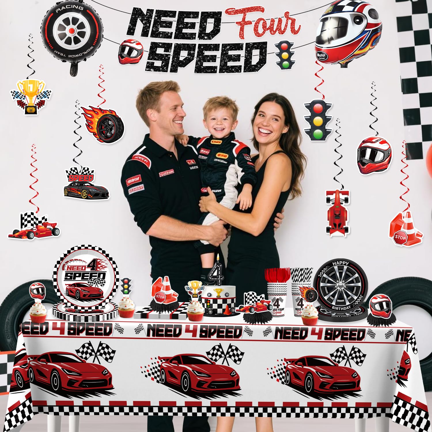 Need Four Speed Birthday Decorations Banner 4th Race Car Cake Topper Racing Balloons Plates and Napkins Need 4 Speed Decorations 4th Birthday 4 Year Old Boy Decorations