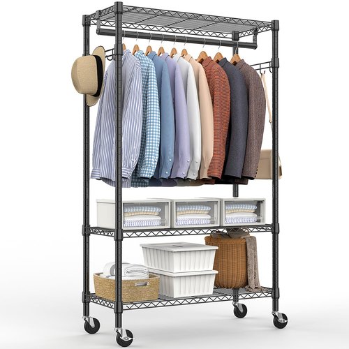M MZG Heavy Duty Rolling Garment Rack 3 Tiers Adjustable Wire Shelving Clothes Rack with Rods and Side Hooks,Storage Closet Clothing Rack with Wheels Black 15.7" D x 29.5" W x 74.5" H