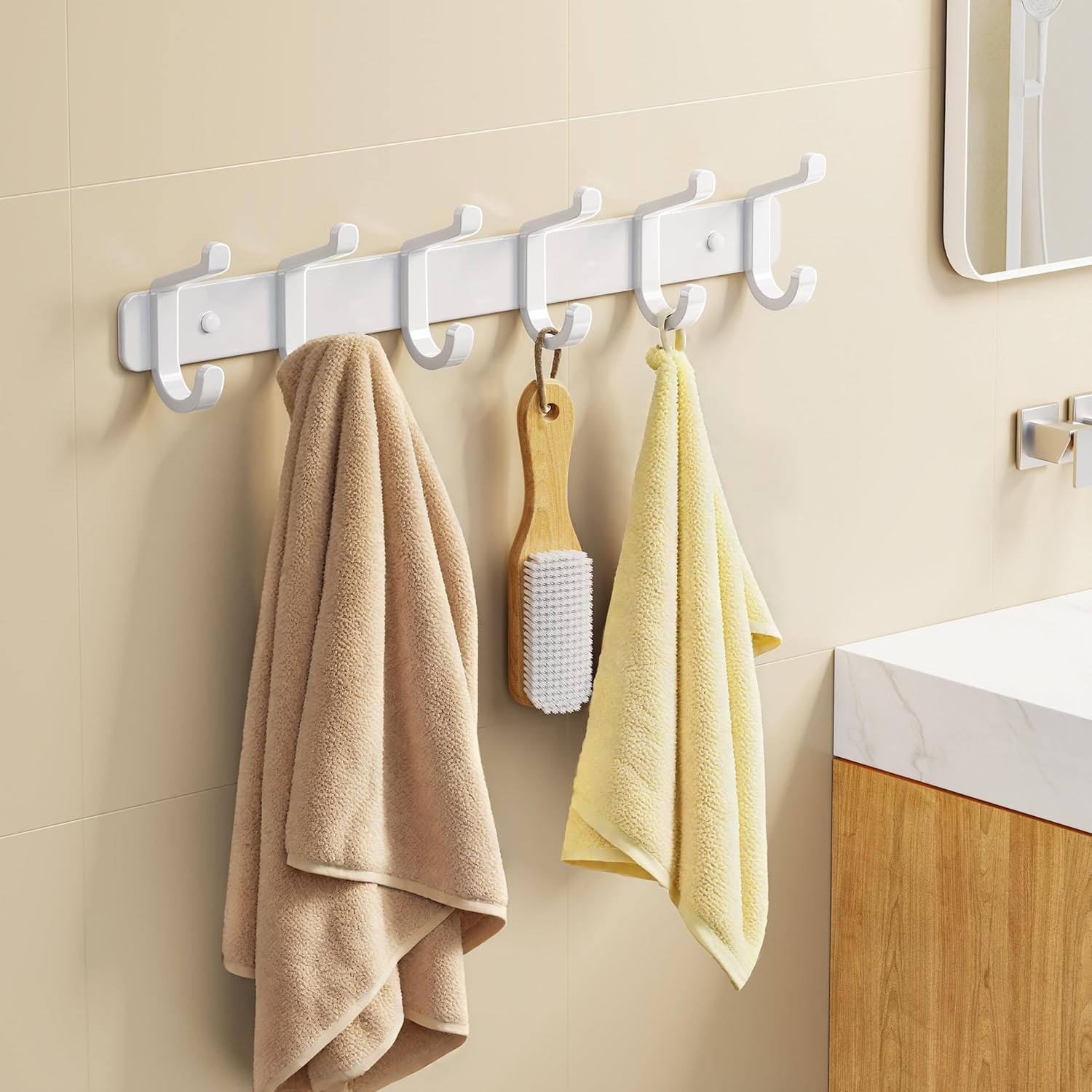 Pickpiff Coat Rack - Heavy-Duty Wall Mounted Metal Hanger with 6 Hooks for Hats, Clothes & More | White, 2 Pack