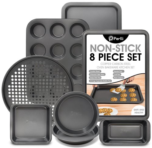 Perlli Baking Pan 8 Piece Set Nonstick Carbon Steel Gray Oven Safe Bakeware Kitchen Set, Cookie Sheet, 2 Round Cake Pans, Square Pan, Loaf Pan, Deep Dish Pan, Pizza Crisper, & 12 Cup Muffin Pan