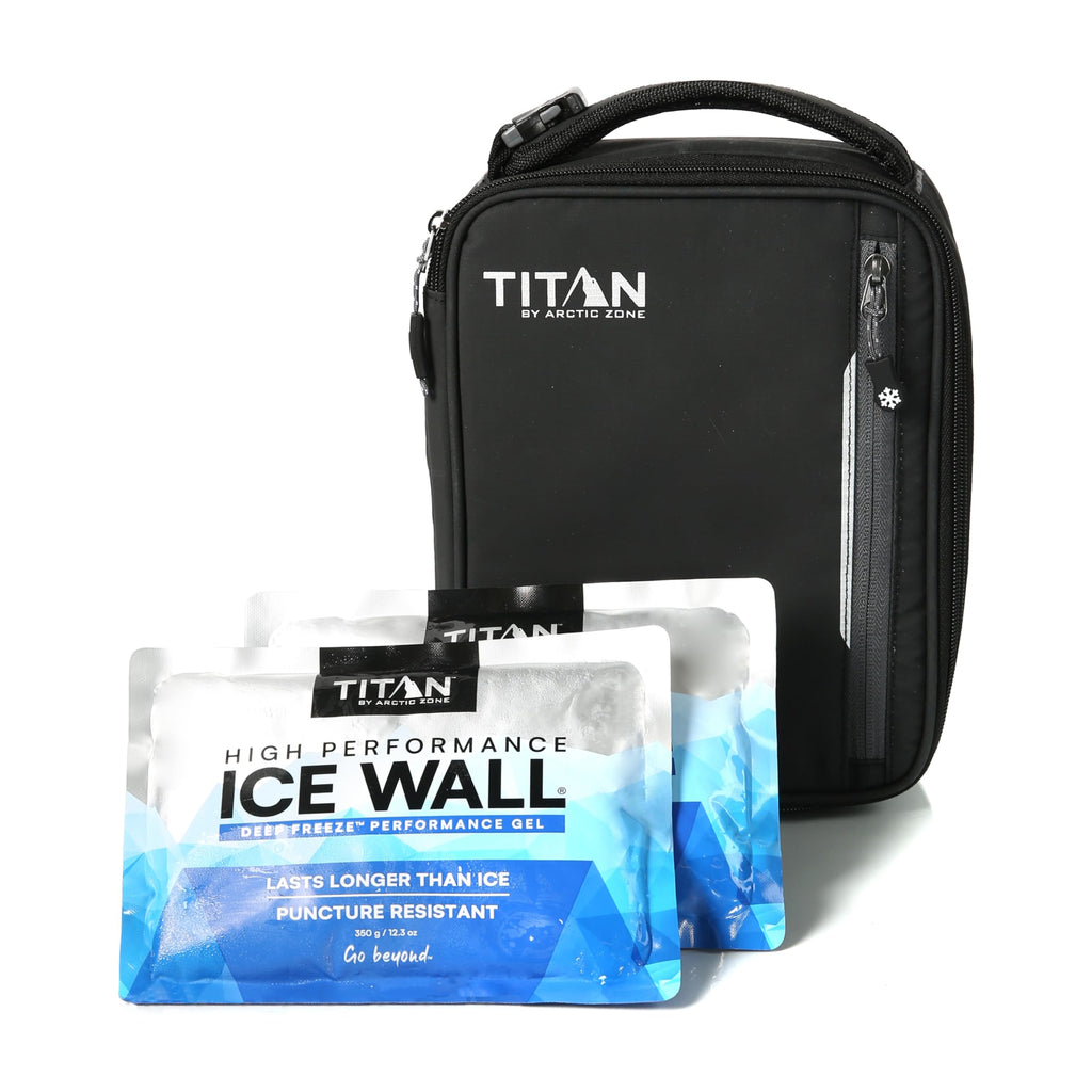 Titan by Arctic Zone Fridge Cold Lunch Box with 2 Gel Ice Packs, Small Insulated Cooler Bag with Leak Proof Lining for School and Work, Black Ice