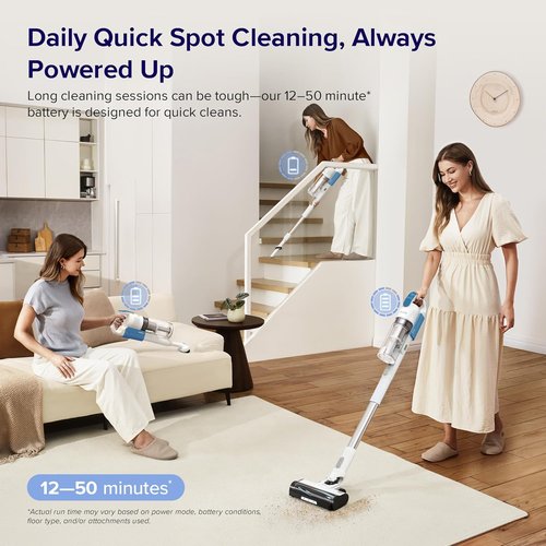 LEVOIT Cordless Stick Vacuum - Strong Suction, Anti-Tangle, LED Headlights, Removable Battery | White & Blue