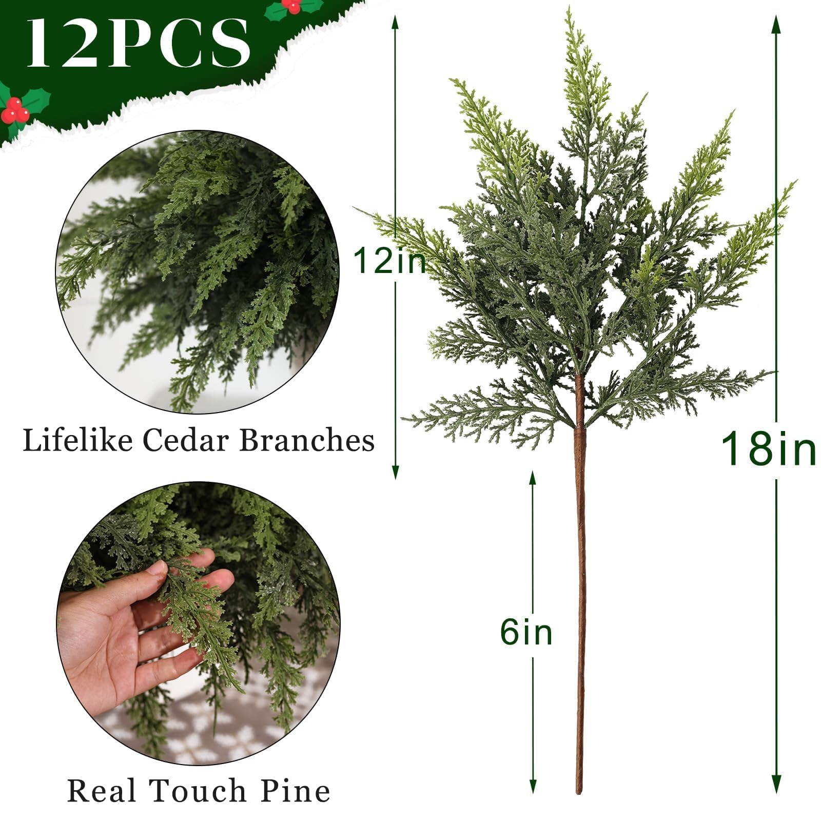 Juxdp Real Touch Christmas Cedar Branches-18 Inches, Artificial Cedar Branch Faux Greenery Plants Stem Fake Pine Picks for Vase DIY Crafts Garland Wreath Xmas Indoor Outdoor Decor (12 Pcs)